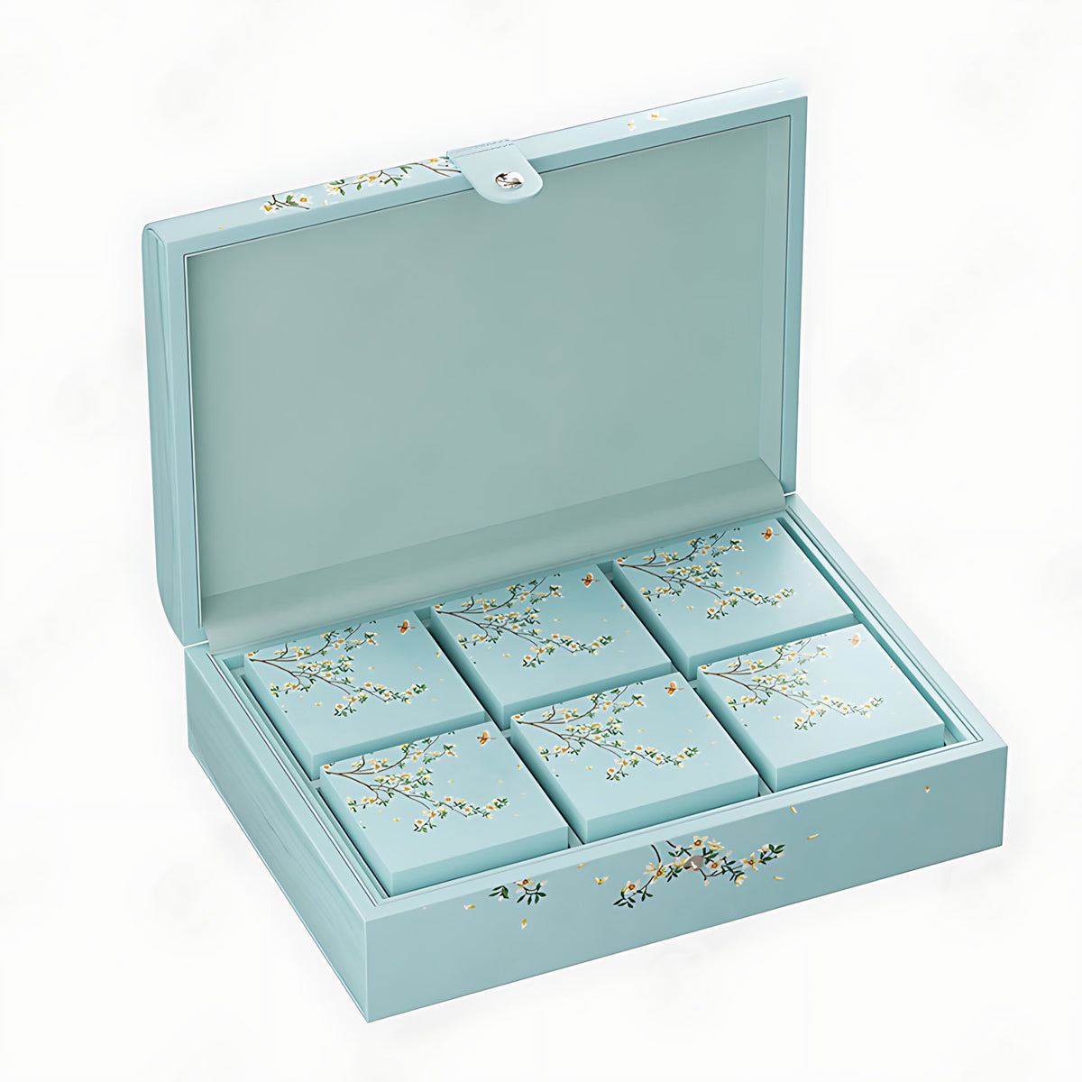 Hộp Bánh Trung Thu Da PU Xanh Viền Gỗ