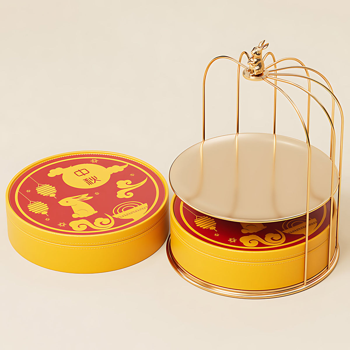 Hộp bánh Trung Thu hình lồng chim cao cấp - lồng vàng 2 tầng với thỏ kim loại trang trí đỉnh