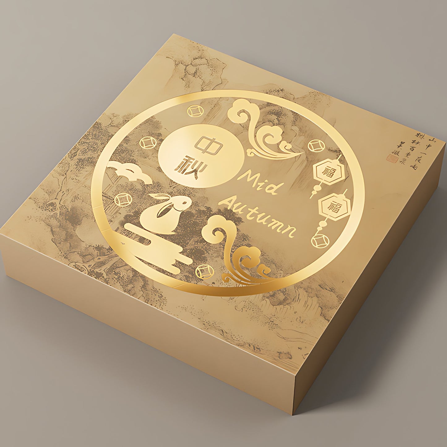 Hộp bánh Trung Thu kraft giấy lớn cổ điển - mặt nghiêng thể hiện chi tiết in vàng kim và tem chữ Hán, thiết kế sang trọng phù hợp quà tặng Trung Thu cao cấp, nhận sản xuất sỉ xuất khẩu số lượng lớn