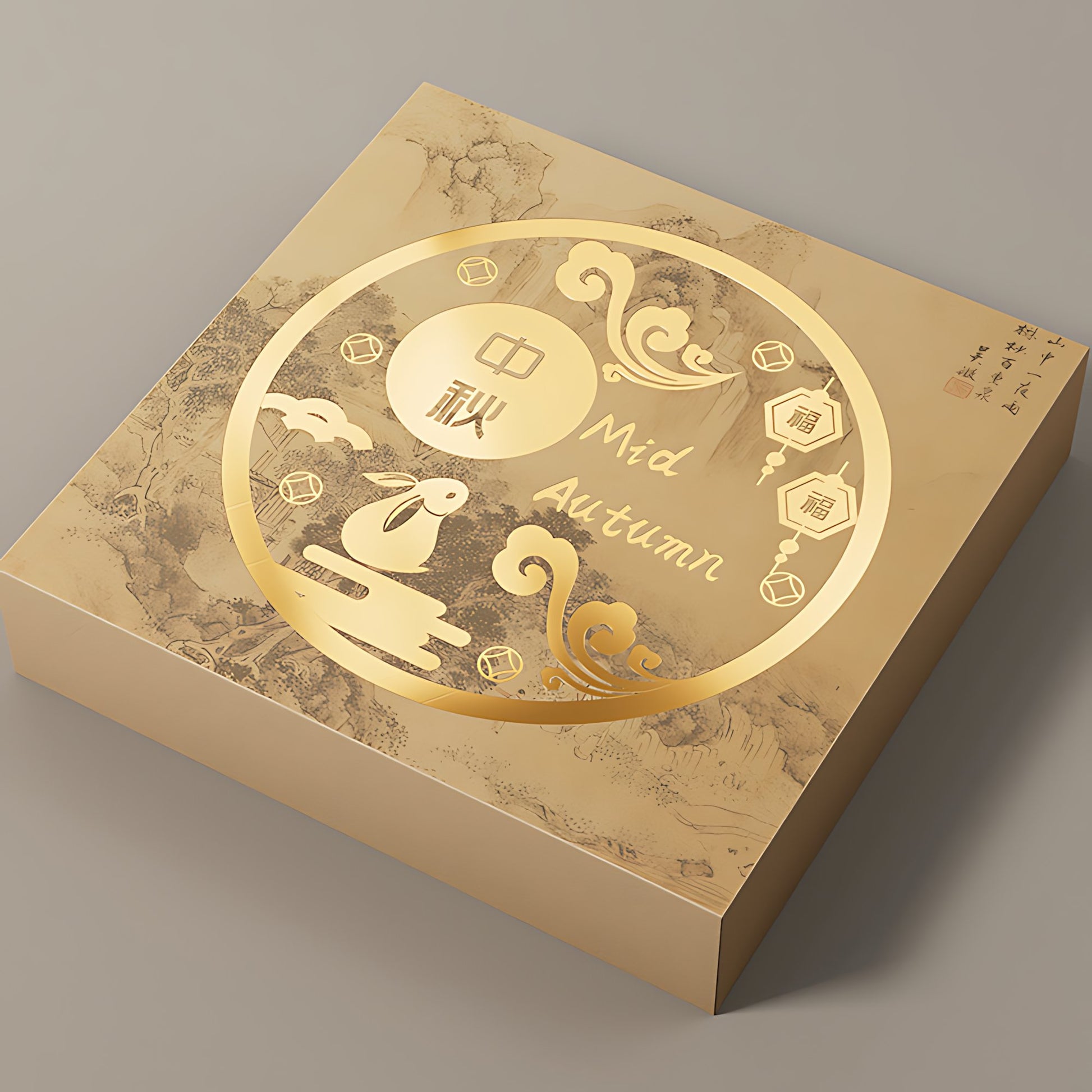 Hộp bánh Trung Thu kraft giấy lớn cổ điển - mặt nghiêng thể hiện chi tiết in vàng kim và tem chữ Hán, thiết kế sang trọng phù hợp quà tặng Trung Thu cao cấp, nhận sản xuất sỉ xuất khẩu số lượng lớn
