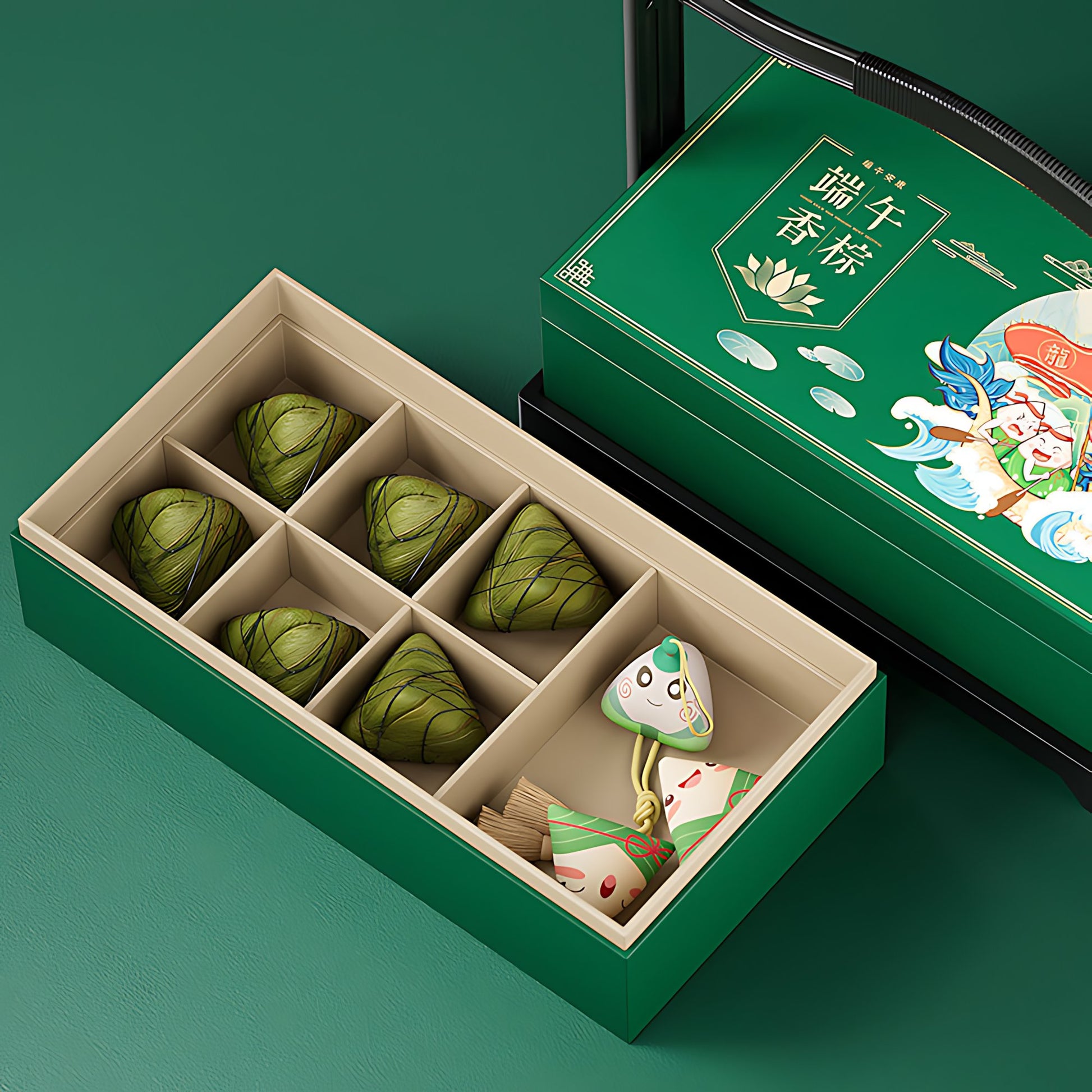 Hộp quà tặng lớp đơn Tết Đoan Ngọ mở nắp hiển thị 6 bánh chưng và phụ kiện