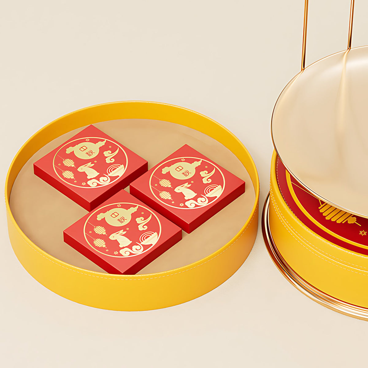 Hộp bánh Trung Thu hình lồng chim vàng - mở nắp hiển thị 3 hộp nhỏ đỏ với họa tiết thỏ và mây B2B