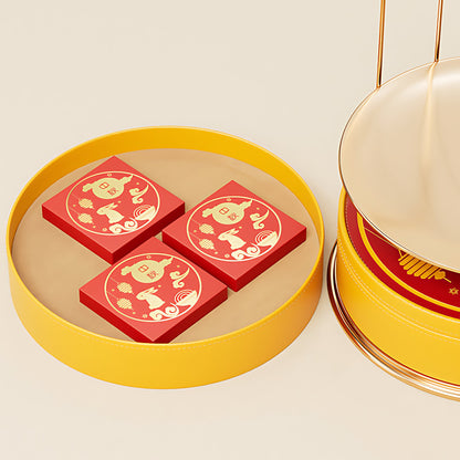 Hộp bánh Trung Thu hình lồng chim vàng - mở nắp hiển thị 3 hộp nhỏ đỏ với họa tiết thỏ và mây B2B