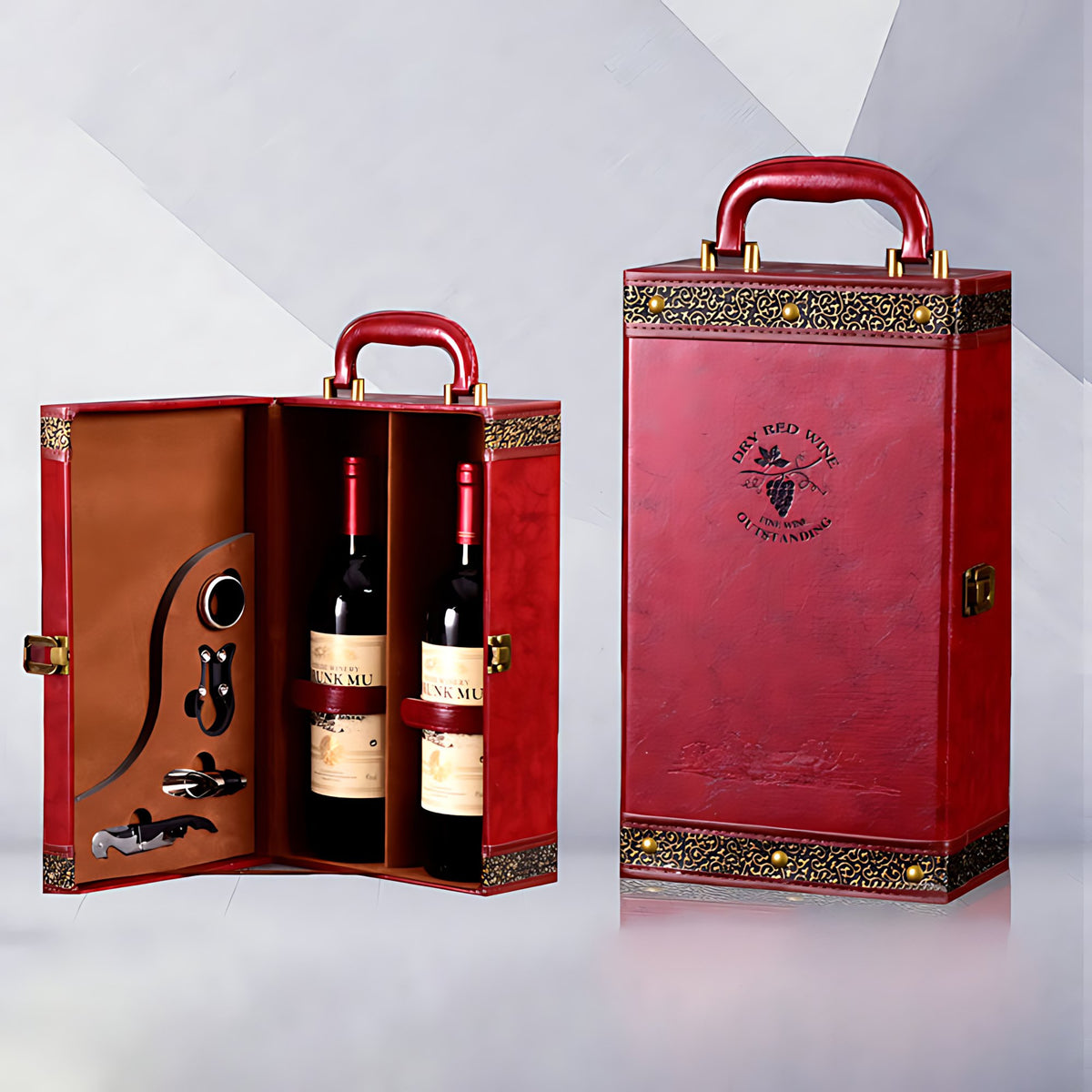 Bộ sưu tập hộp đựng rượu vang bọc da cao cấp - phiên bản 2 chai đỏ Bordeaux với họa tiết vàng kim và nắp có khóa đồng thau, thiết kế cổ điển Châu Âu, nhận đặt hàng sỉ xuất khẩu in logo khắc laser theo yêu cầu cho đối tác B2B