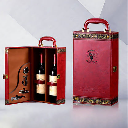 Bộ sưu tập hộp đựng rượu vang bọc da cao cấp - phiên bản 2 chai đỏ Bordeaux với họa tiết vàng kim và nắp có khóa đồng thau, thiết kế cổ điển Châu Âu, nhận đặt hàng sỉ xuất khẩu in logo khắc laser theo yêu cầu cho đối tác B2B