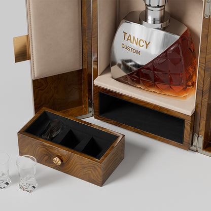 Tủ Rượu Whisky Hai Cánh Gỗ Sang Trọng - chi tiết hai cánh mở đối xứng, ngăn kéo phụ kiện, mạ kim loại bạc TAN chất lượng cao cấp