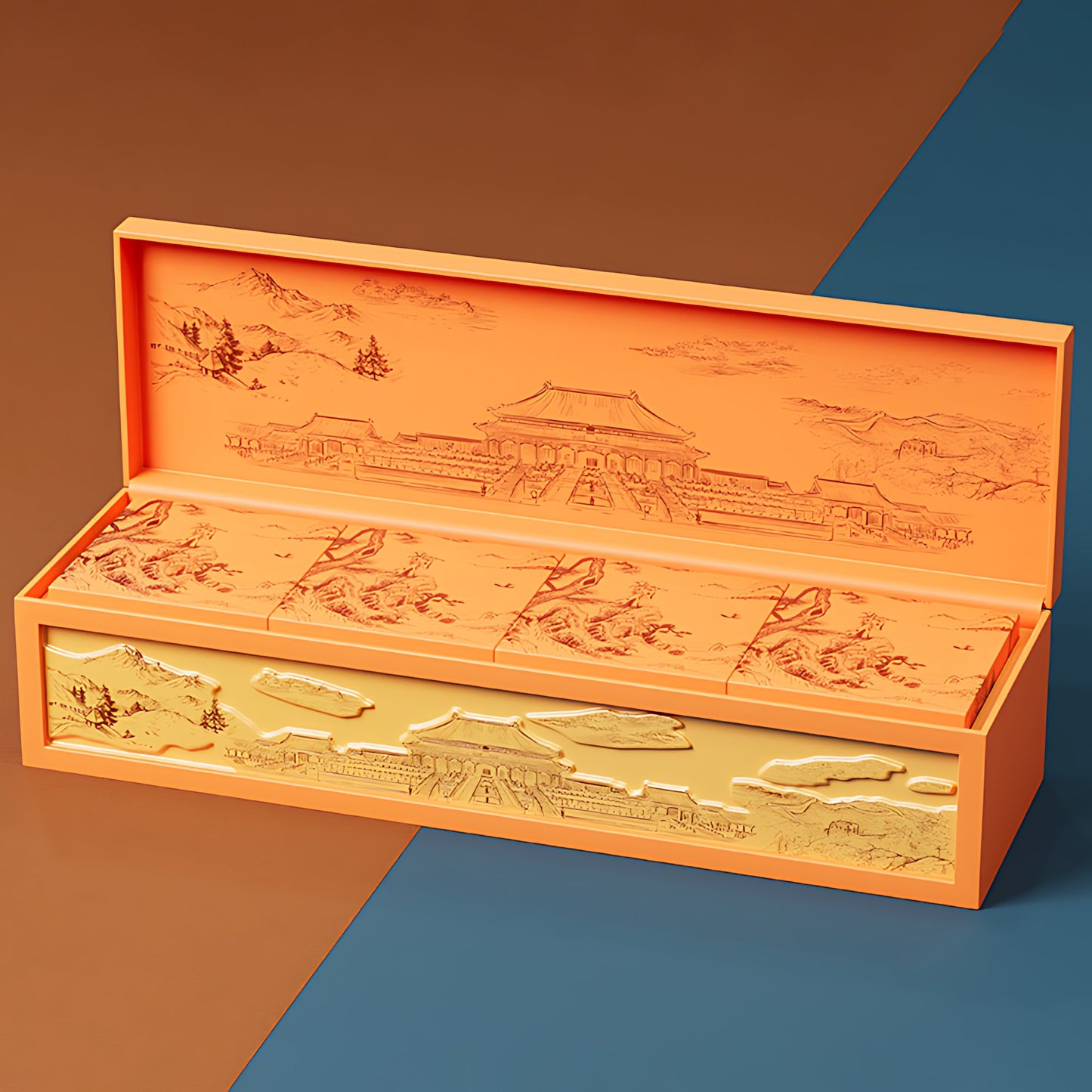 Hộp quà ép vàng họa tiết truyền thống mở nắp - hiển thị 4 ngăn bánh Trung Thu với họa tiết cung đình Trung Hoa B2B OEM xuất khẩu