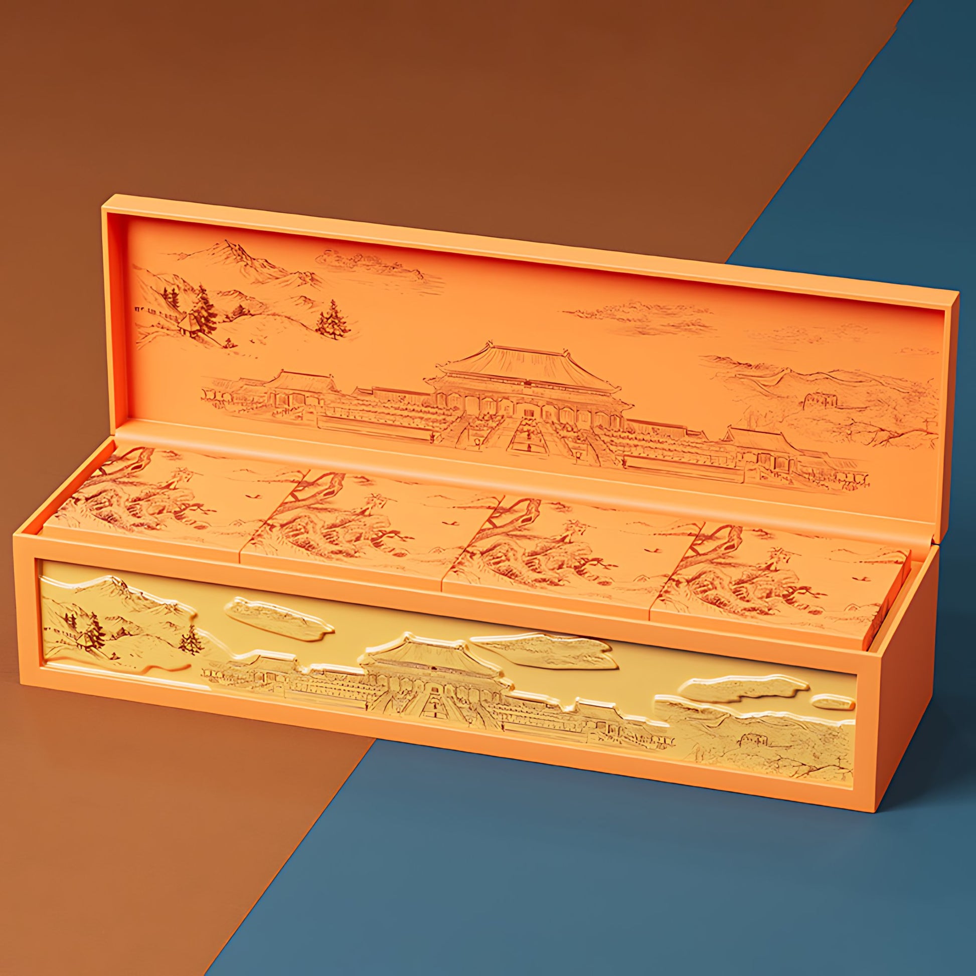 Hộp quà ép vàng họa tiết truyền thống mở nắp - hiển thị 4 ngăn bánh Trung Thu với họa tiết cung đình Trung Hoa B2B OEM xuất khẩu