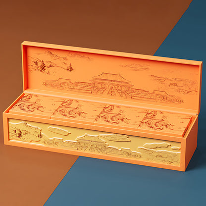 Hộp quà ép vàng họa tiết truyền thống mở nắp - hiển thị 4 ngăn bánh Trung Thu với họa tiết cung đình Trung Hoa B2B OEM xuất khẩu