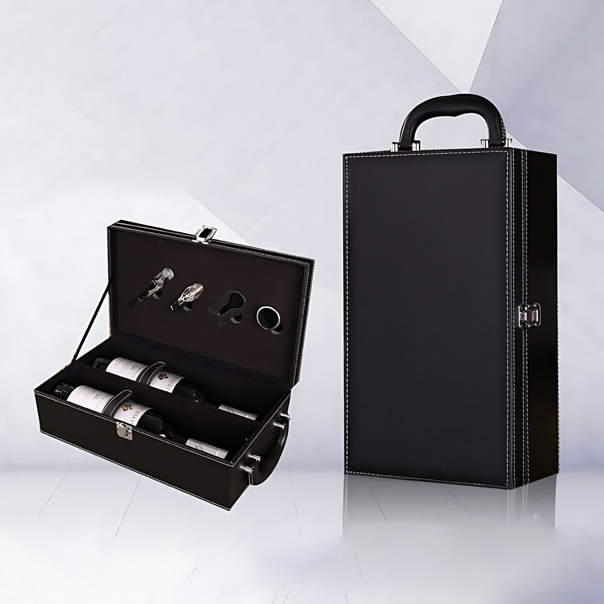 Hộp đựng rượu vang bọc da đen nhám - thiết kế tối giản với đường chỉ trắng tinh tế, mở nắp hiển thị bộ phụ kiện 4 món và 2 ngăn chai, sản xuất OEM cho thương hiệu rượu nổi tiếng, nhận in logo thương hiệu riêng và đóng gói xuất khẩu