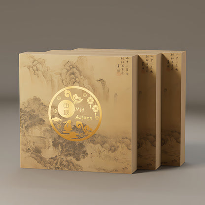 Bộ 3 hộp bánh Trung Thu kraft giấy lớn xếp cạnh nhau - thể hiện sự đồng bộ thiết kế cổ điển vàng kim, phù hợp set quà tặng Trung Thu doanh nghiệp, sản xuất sỉ xuất khẩu logo thương hiệu riêng