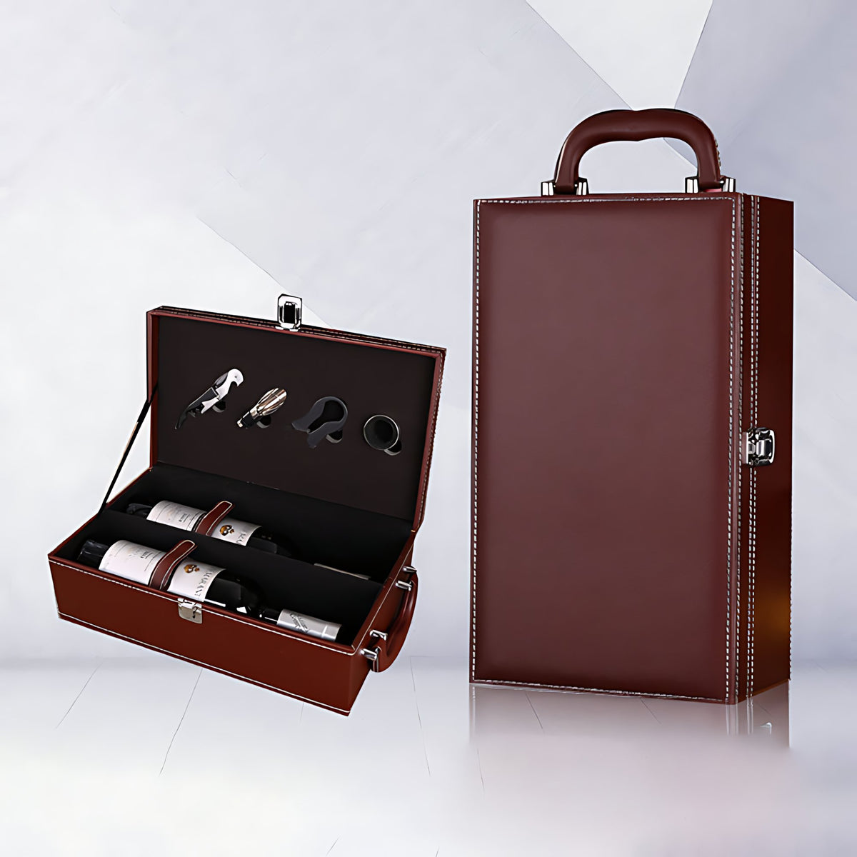 Hộp đựng rượu vang bọc da nâu cognac - phiên bản 2 chai với phụ kiện rượu đầy đủ và tay cầy cứng bọc da, thiết kế cổ điển quý phái, lý tưởng cho set quà tặng doanh nghiệp B2B, sỉ xuất khẩu logo thương hiệu khắc laser theo yêu cầu