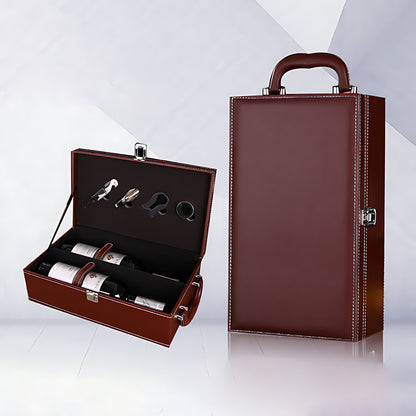 Hộp đựng rượu vang bọc da nâu cognac - phiên bản 2 chai với phụ kiện rượu đầy đủ và tay cầy cứng bọc da, thiết kế cổ điển quý phái, lý tưởng cho set quà tặng doanh nghiệp B2B, sỉ xuất khẩu logo thương hiệu khắc laser theo yêu cầu