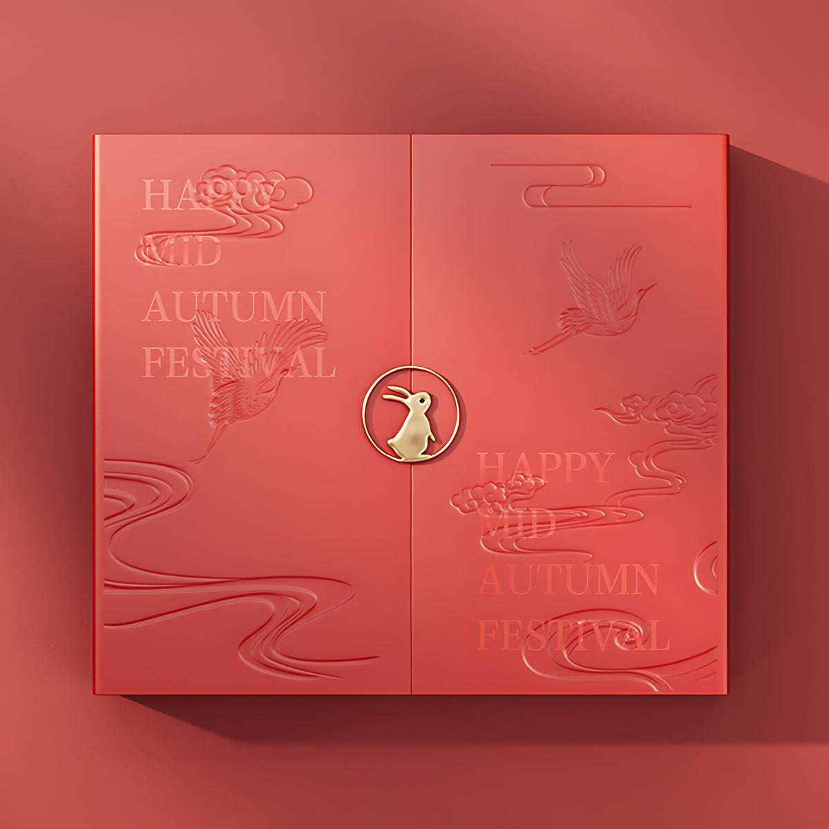 Hộp quà hoa trăng mở kép màu đỏ với chữ Happy Mid Autumn Festival - thiết kế mặt trước trưng bày OEM